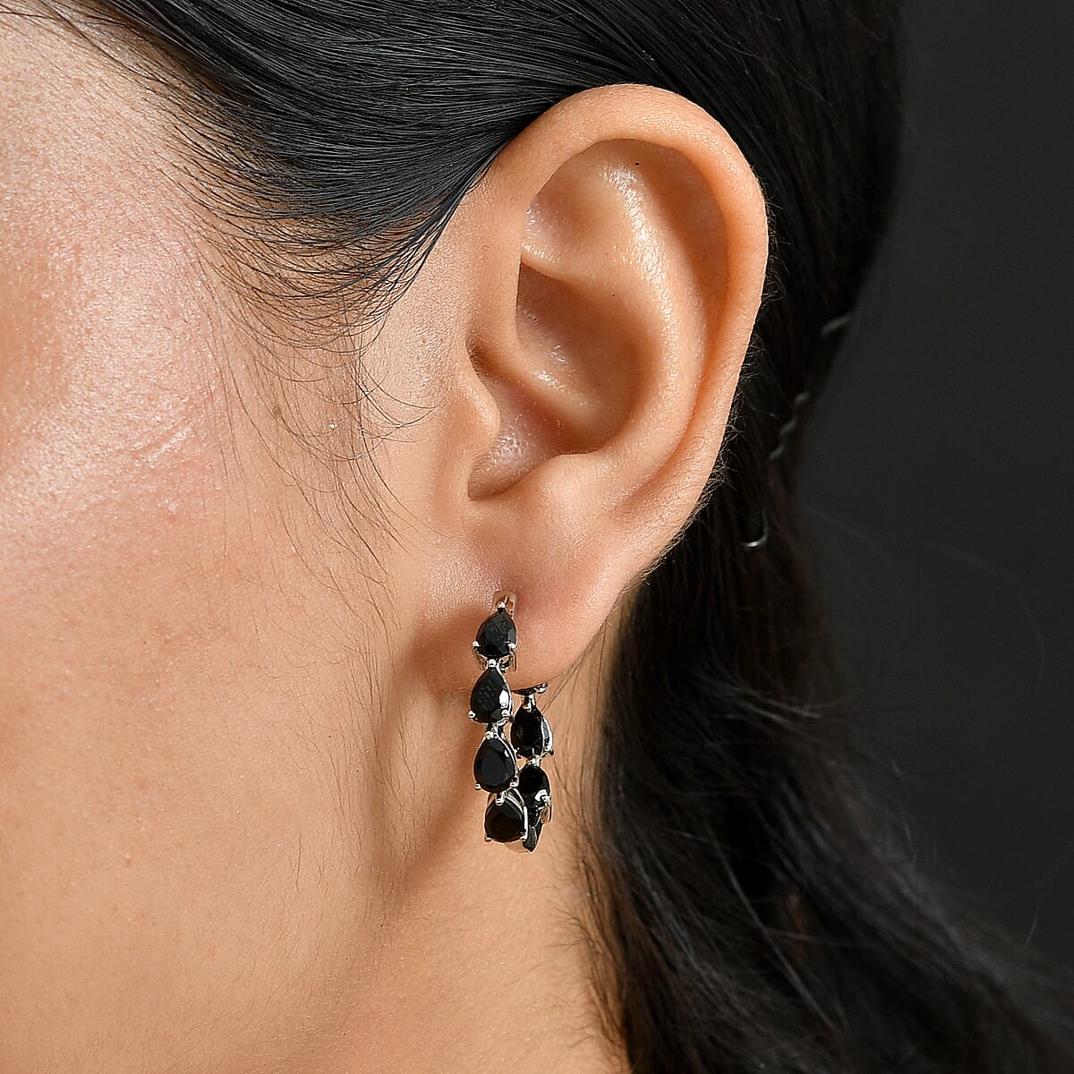 EverTrue Thai Black Spinel 7.35 ctw Midnight Pearline Hoop Earrings in Platinum Bond  image number 2