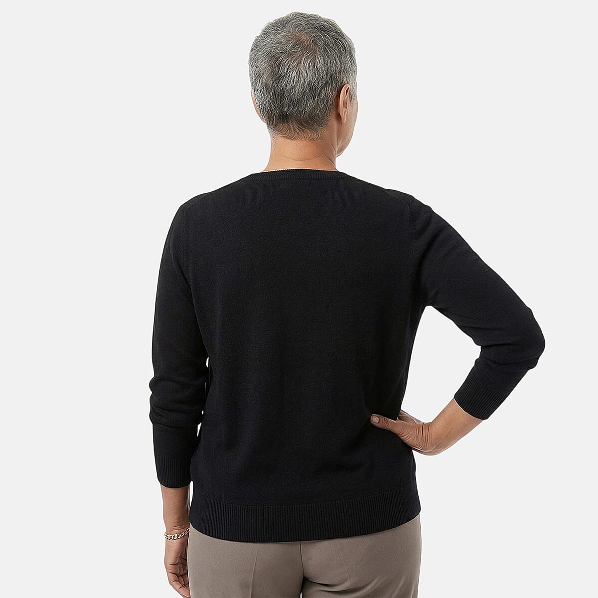 Tamsy Black Round Neck Sweater with Buttons - S image number 2