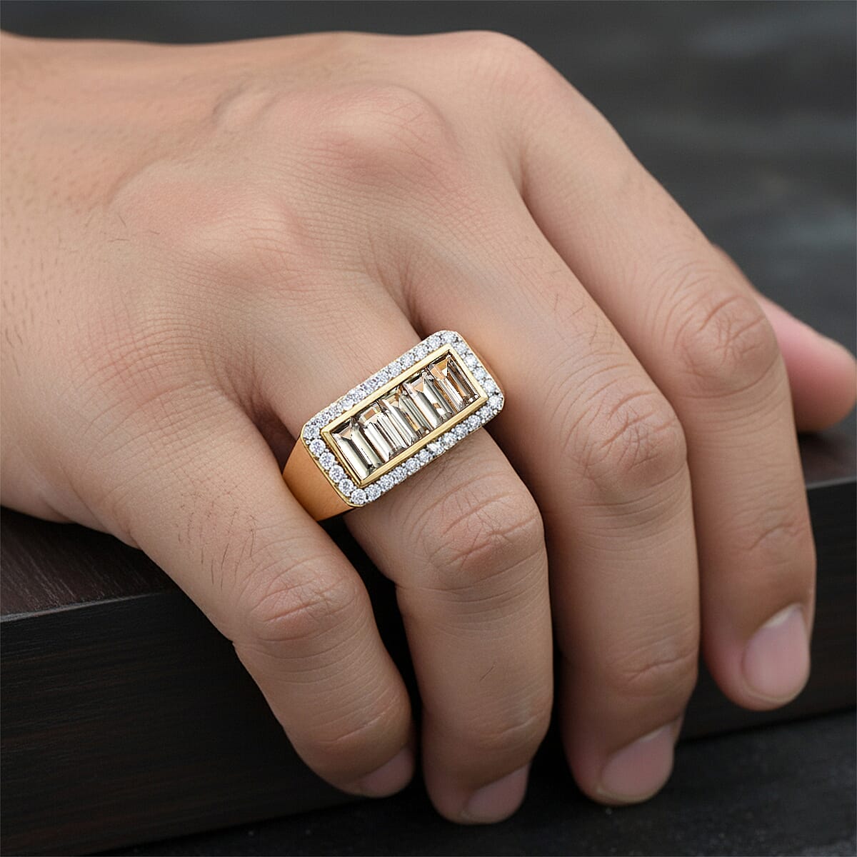 Doorbuster D'Joy Premium Turkizite and Moissanite 2.65 ctw Victory Frame Men's Ring in 18K Vermeil Yellow Gold Over Sterling Silver (Size 14.0) image number 2