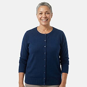 Tamsy Navy Round Neck Sweater with Buttons - L