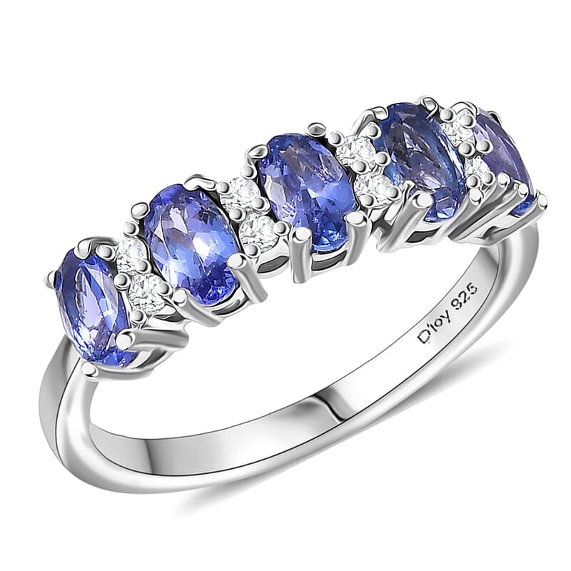 D'Joy AAA Tanzanite, White Zircon Band Ring in Rhodium Over Sterling Silver 1.40 ctw (Size 10.0)