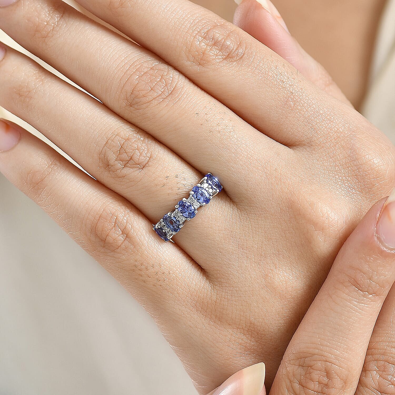 D'Joy AAA Tanzanite, White Zircon Band Ring in Rhodium Over Sterling Silver 1.40 ctw (Size 10.0)