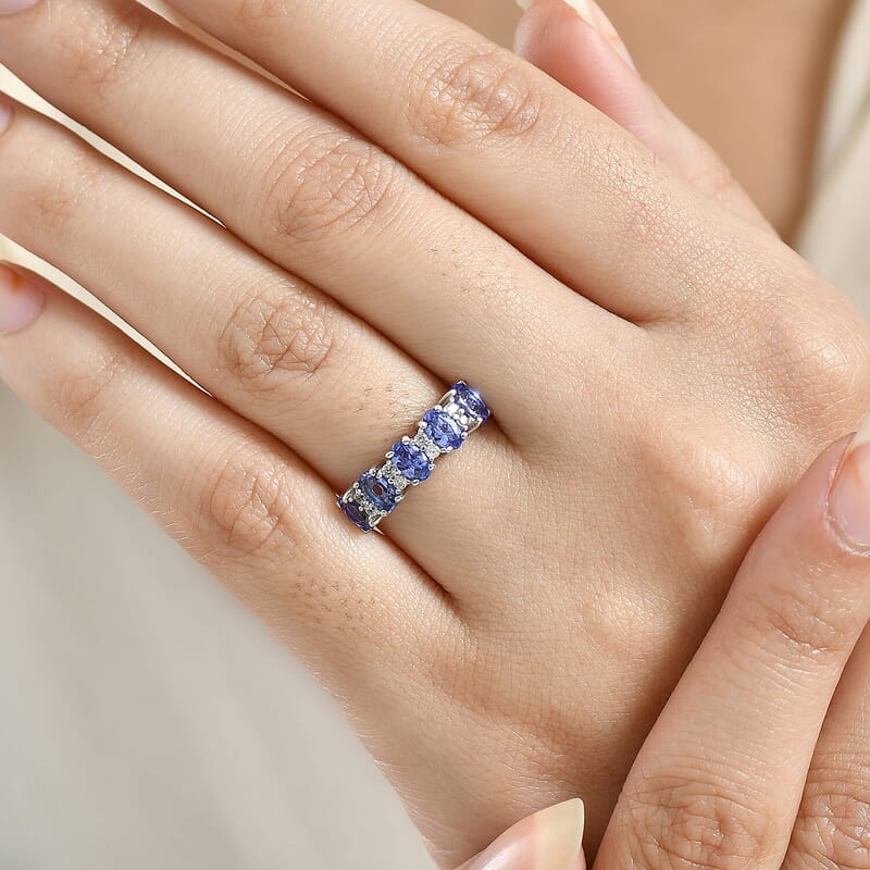 D'Joy AAA Tanzanite, White Zircon Band Ring in Rhodium Over Sterling Silver 1.40 ctw (Size 10.0)