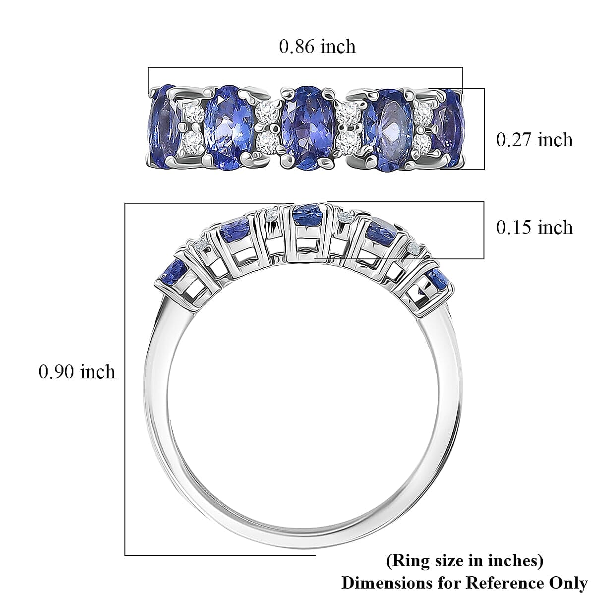 D'Joy AAA Tanzanite, White Zircon Band Ring in Rhodium Over Sterling Silver 1.40 ctw (Size 10.0)