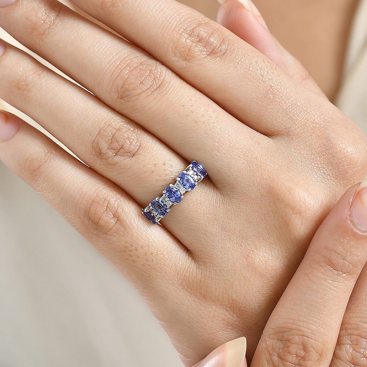 D'Joy AAA Tanzanite, White Zircon Band Ring in Rhodium Over Sterling Silver 1.40 ctw (Size 6.0) image number 2