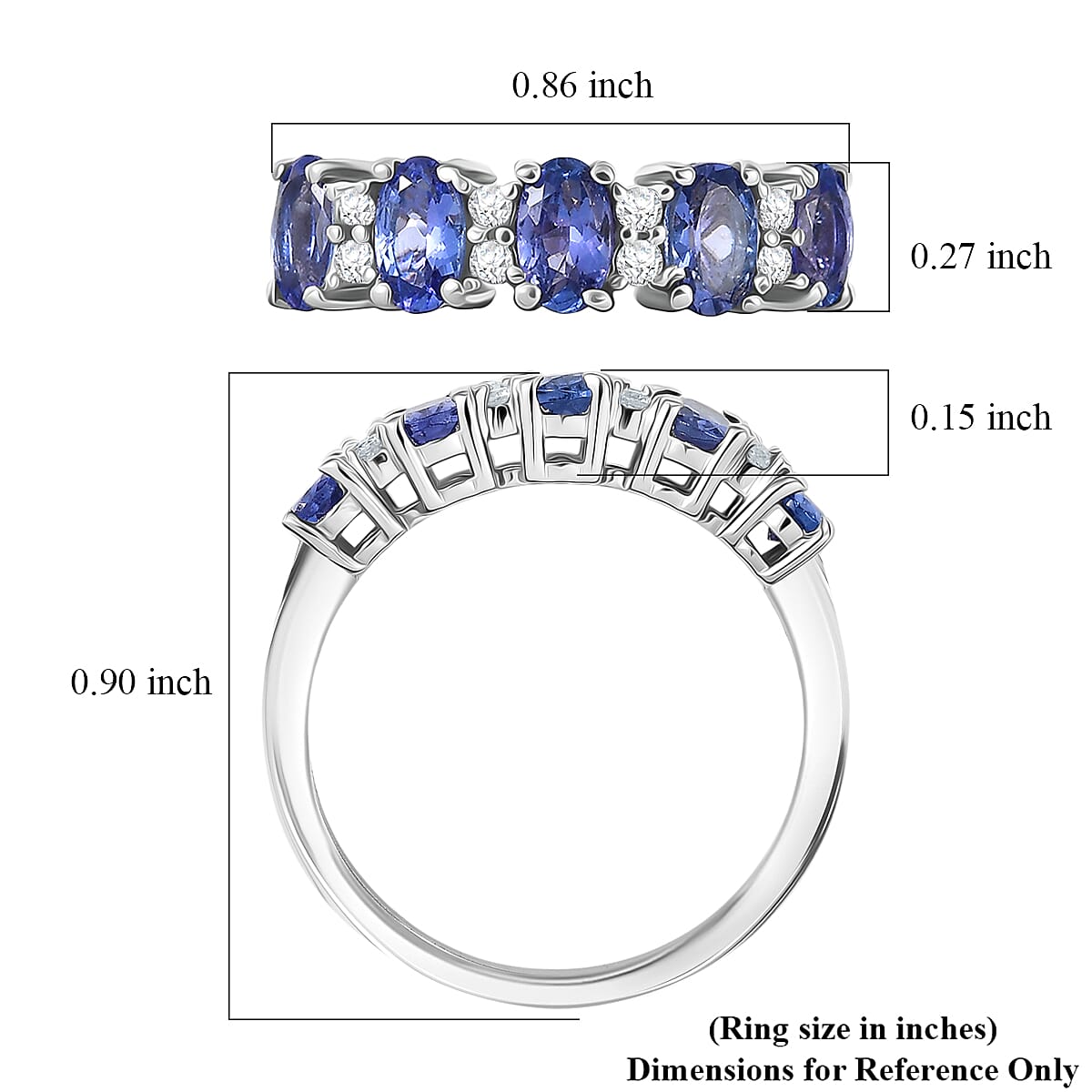 D'Joy AAA Tanzanite, White Zircon Band Ring in Rhodium Over Sterling Silver 1.40 ctw (Size 6.0) image number 5
