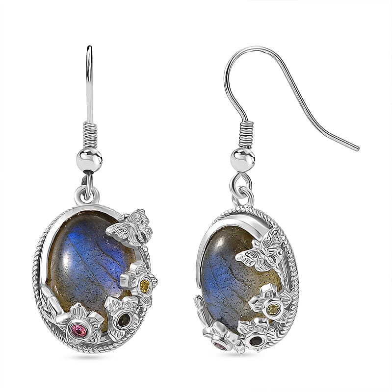 EverTrue Malagasy Labradorite and Multi-Tourmaline 14.60 ctw Earrings in Platinum Bond