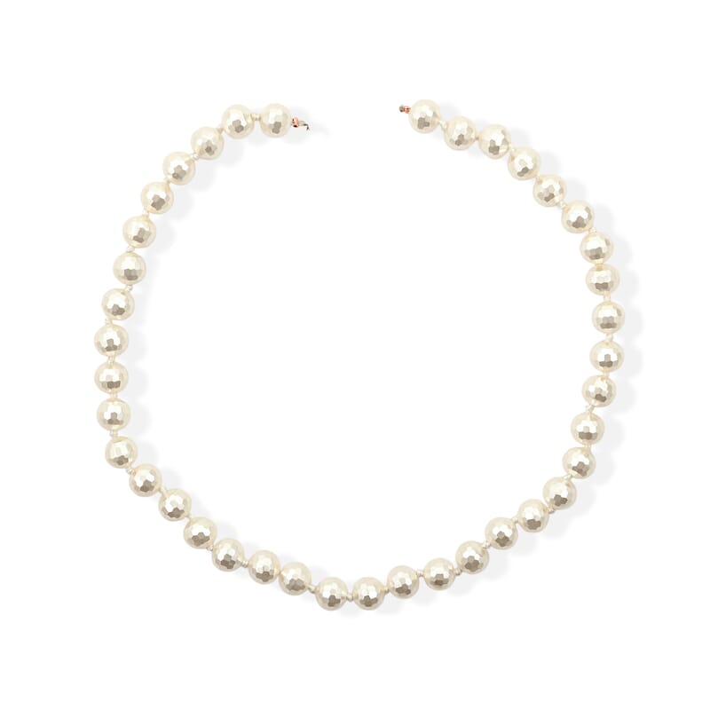GCS Faceted Lustre White Shell Pearl Beaded Necklace 18-20 Inches in Stainless Steel