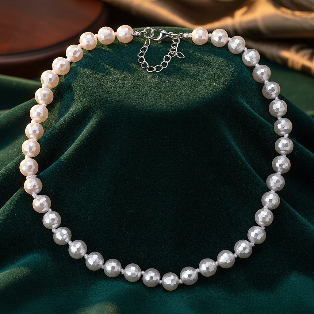Faceted Lustre White Shell Pearl Beaded Necklace 18-20 Inches in Stainless Steel