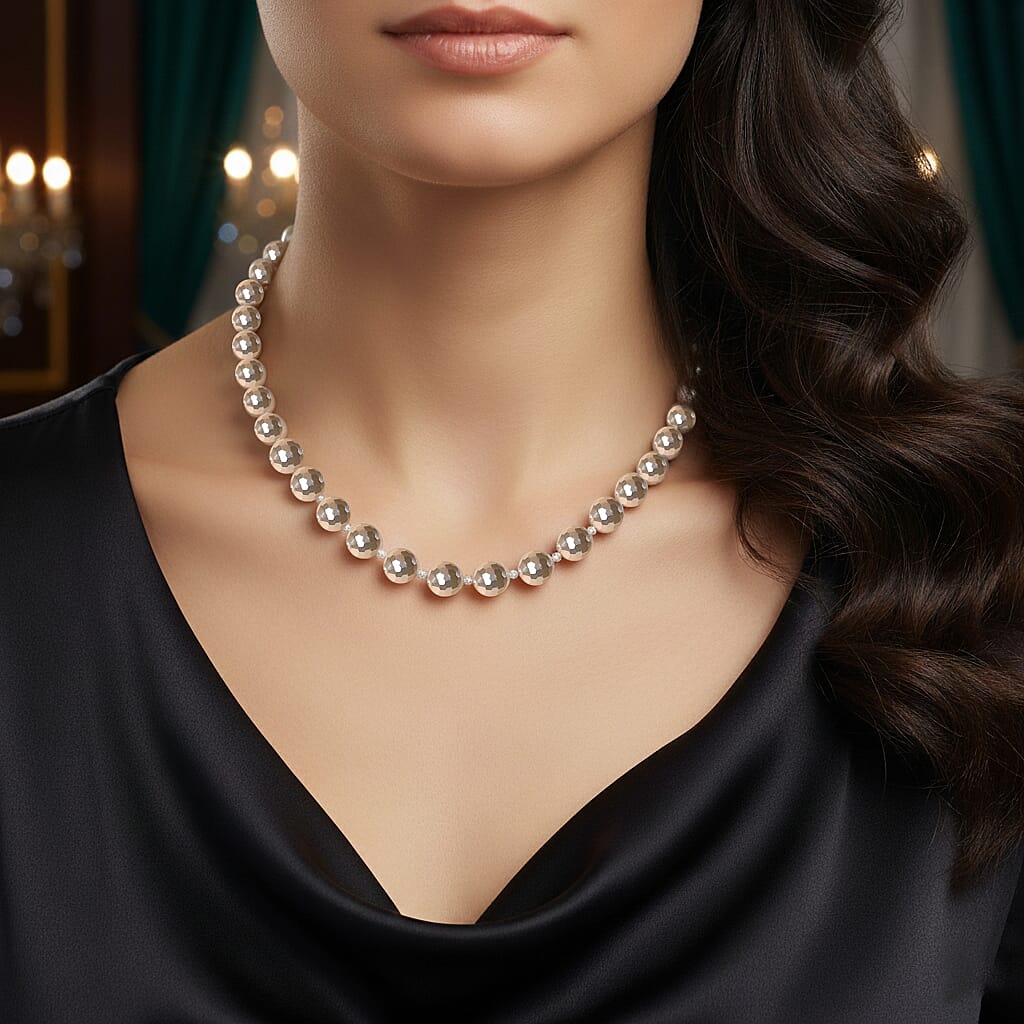 Faceted Lustre White Shell Pearl Beaded Necklace 18-20 Inches in Stainless Steel