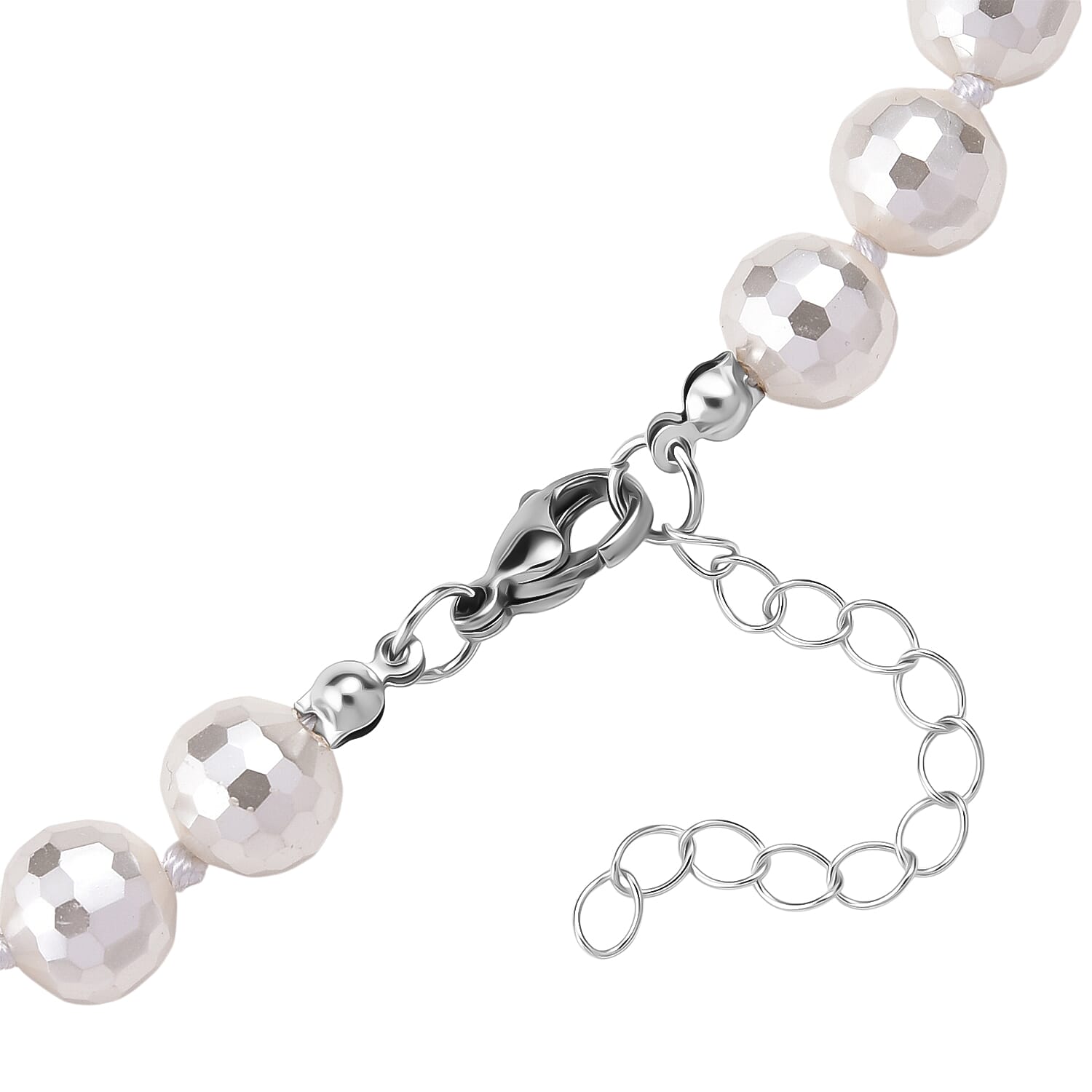 Faceted Lustre White Shell Pearl Beaded Necklace 18-20 Inches in Stainless Steel