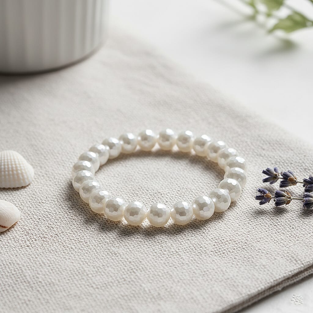 Faceted White Shell Pearl Stretch Bracelet