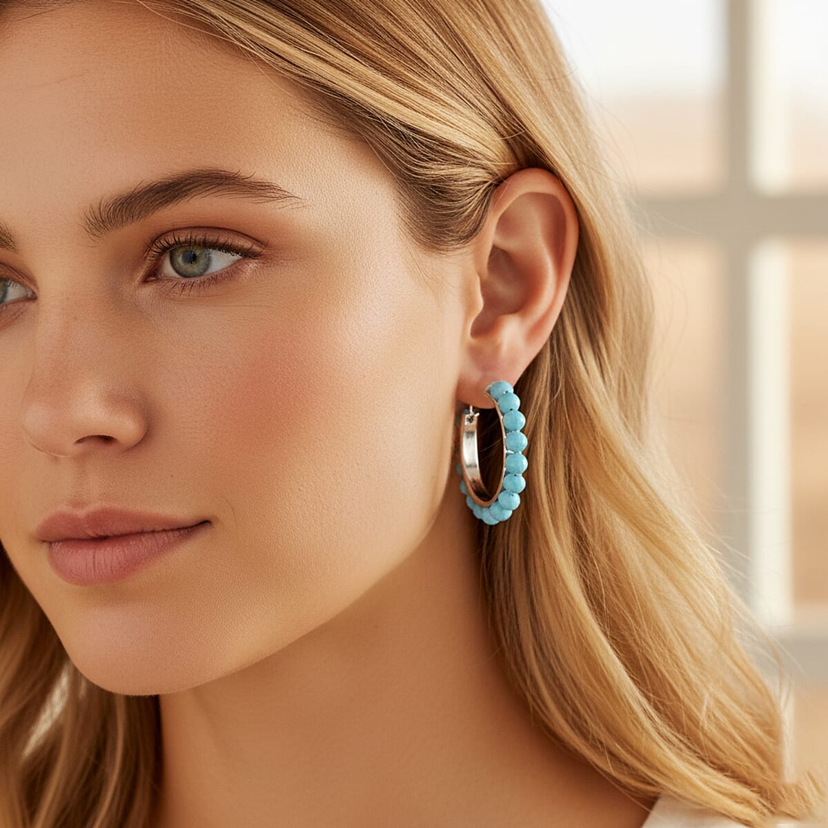 Doorbuster Sleeping Beauty Color Shell Pearl Earrings in Stainless Steel image number 2