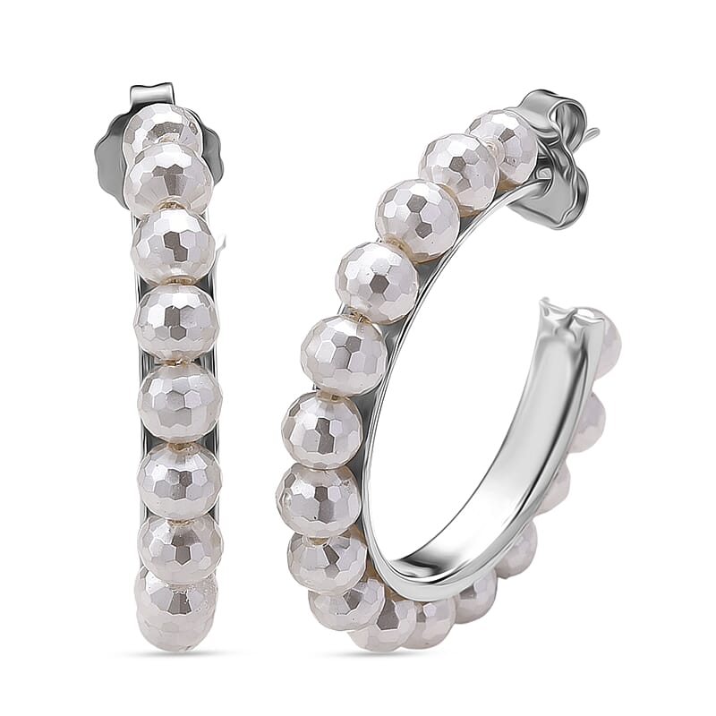 Faceted White Shell Pearl Hoop Earrings in Stainless Steel