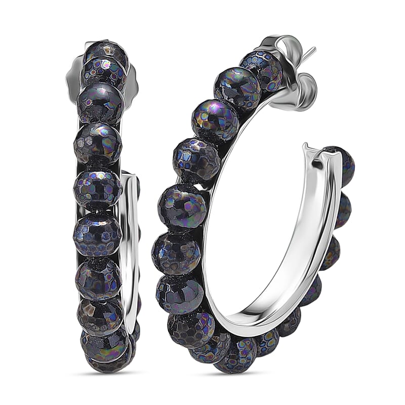 Faceted Peacock Color Shell Pearl Hoop Earrings in Stainless Steel