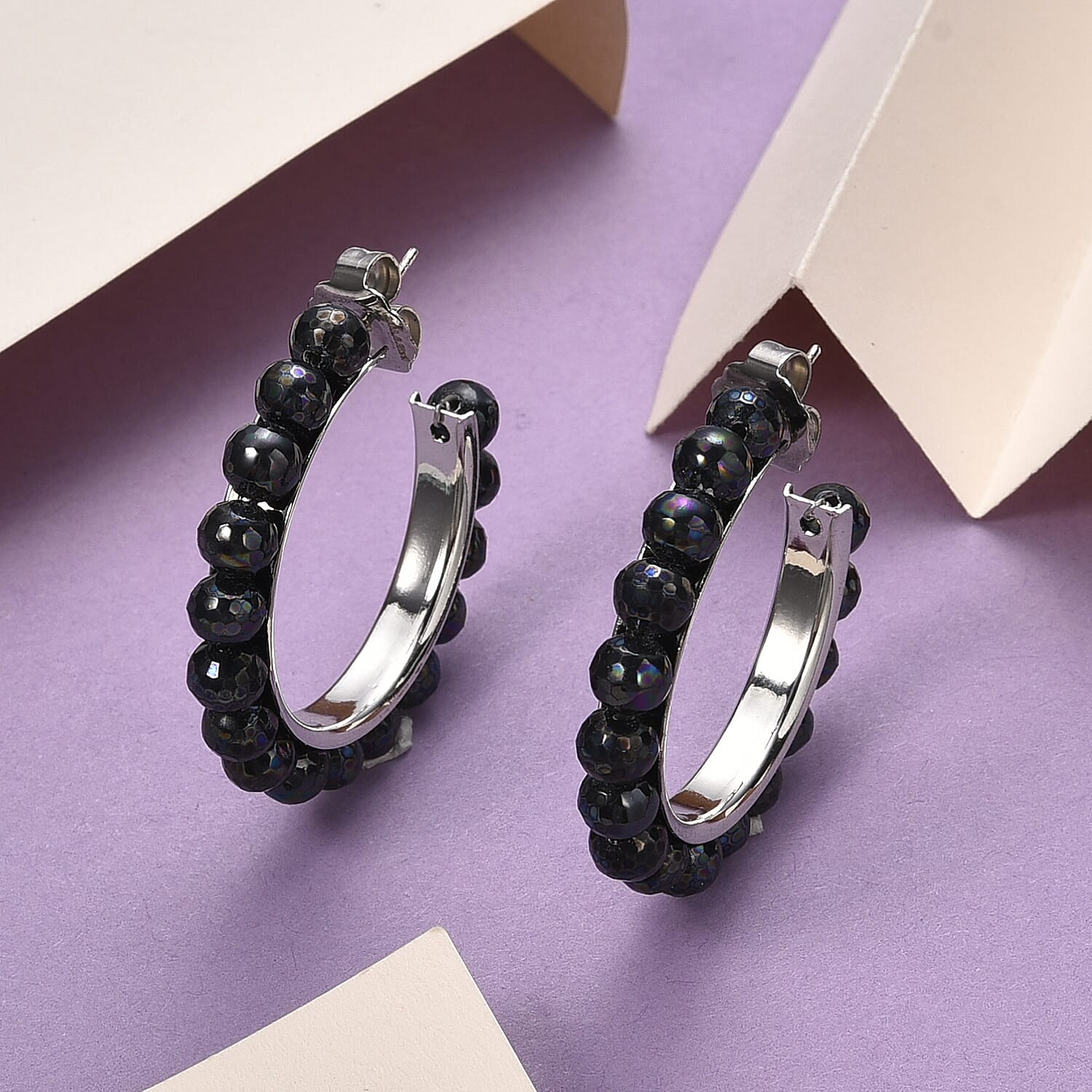 Faceted Peacock Color Shell Pearl Hoop Earrings in Stainless Steel