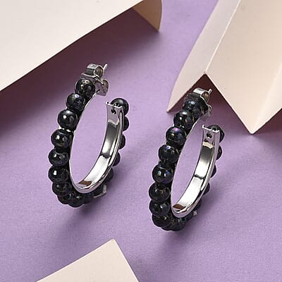 Faceted Peacock Color Shell Pearl Hoop Earrings in Stainless Steel
