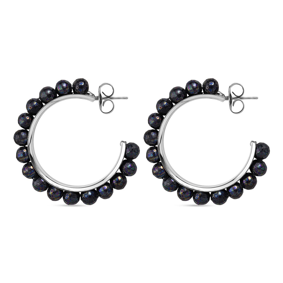 Faceted Peacock Color Shell Pearl Hoop Earrings in Stainless Steel