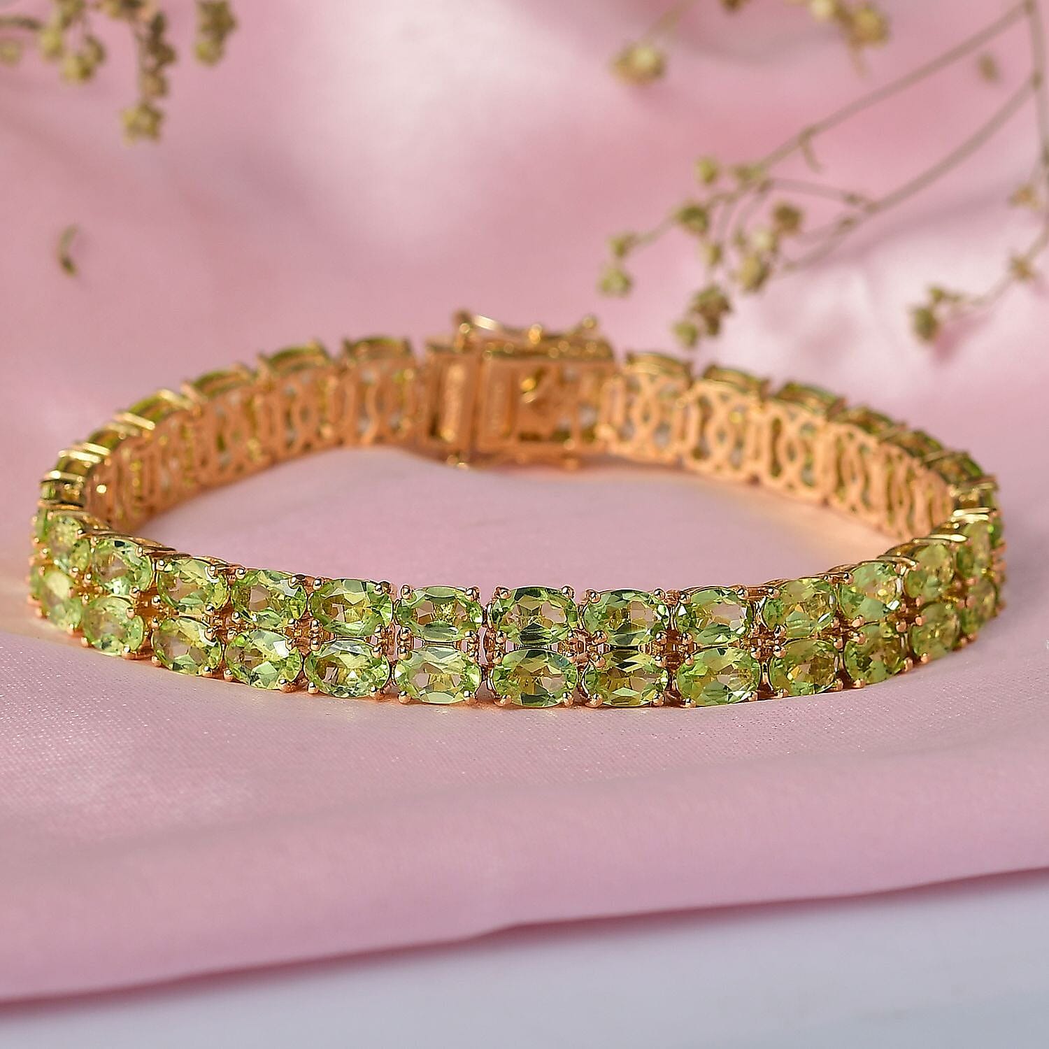  EverTrue Hebei Peridot 25.85 ctw Two Row Carpet Bracelet in 18K Yellow Gold Plated (7.25 In)