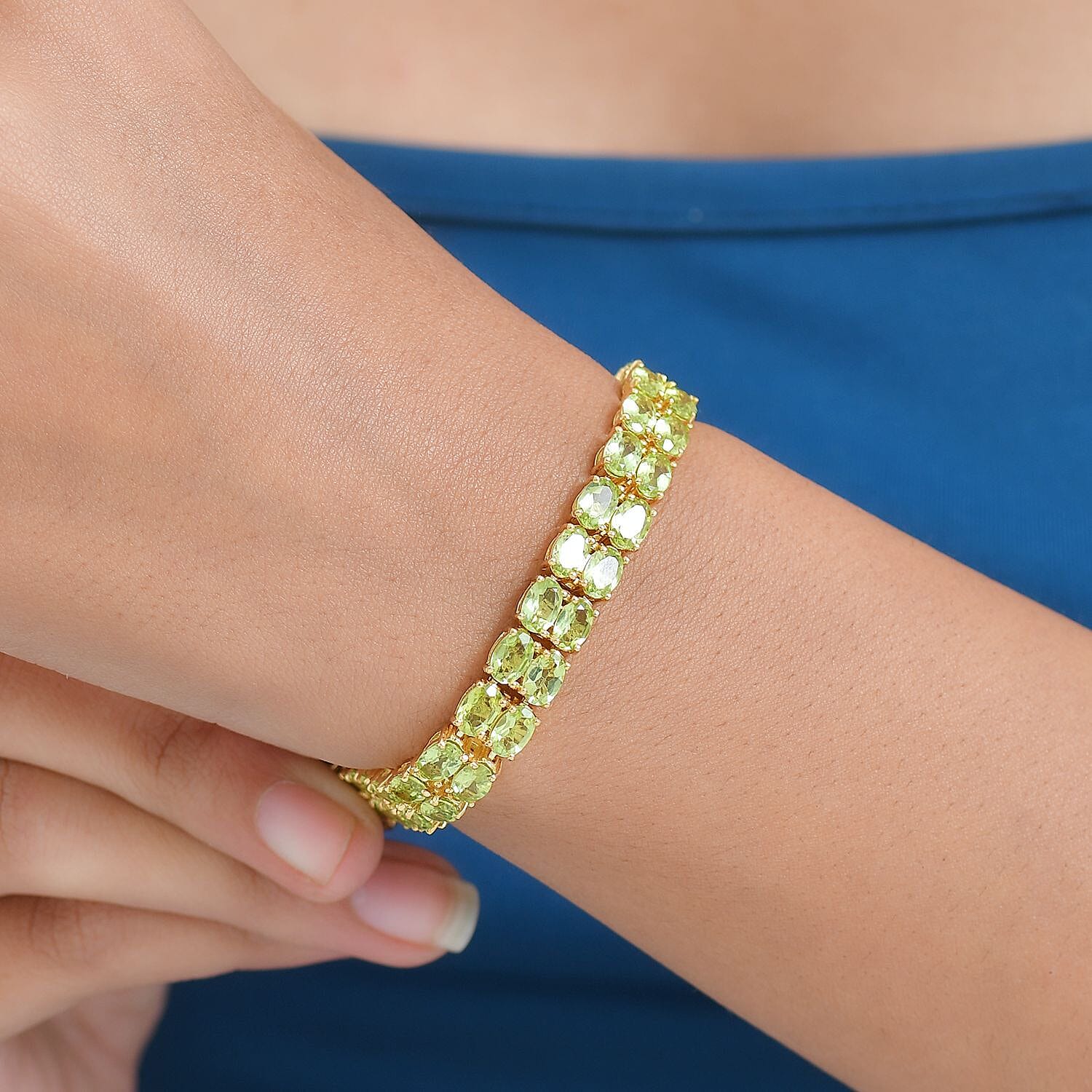  EverTrue Hebei Peridot 25.85 ctw Two Row Carpet Bracelet in 18K Yellow Gold Plated (7.25 In)