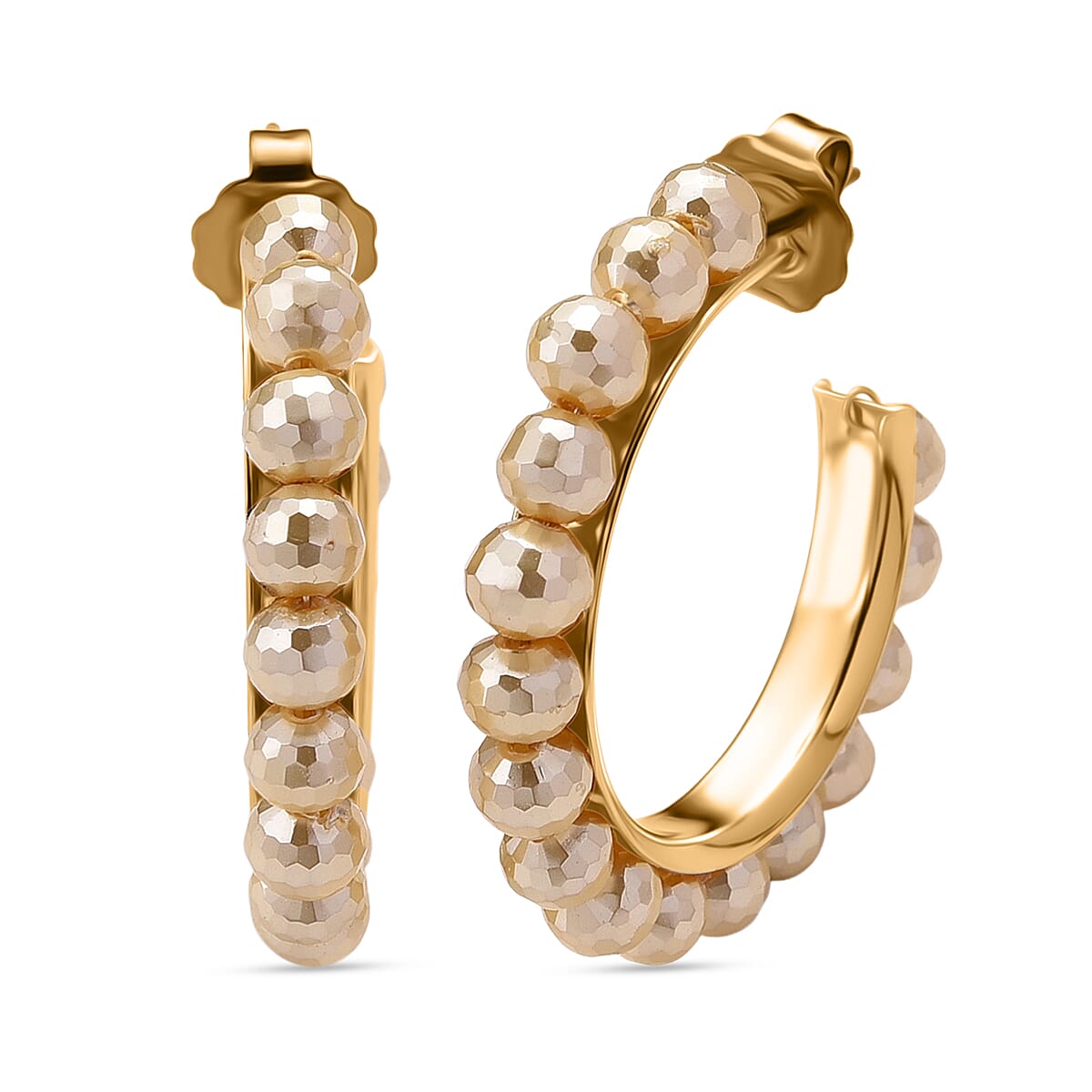  Faceted Golden Shell Pearl Hoop Earrings in Stainless Steel image number 0