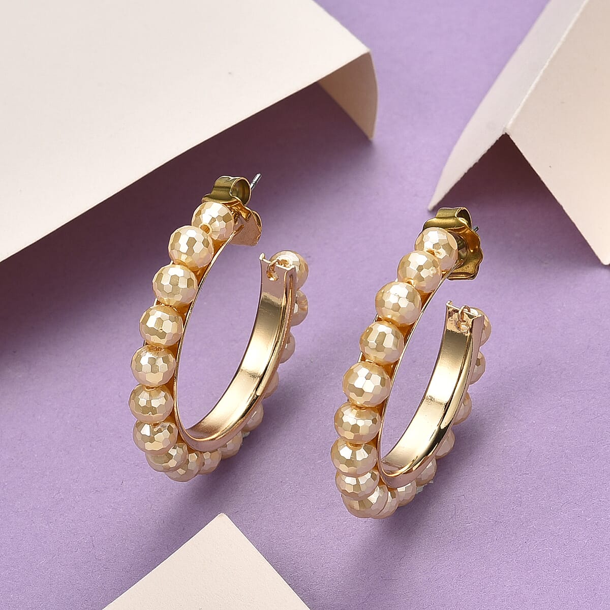  Faceted Golden Shell Pearl Hoop Earrings in Stainless Steel image number 1