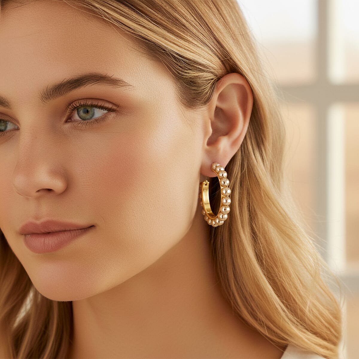  Faceted Golden Shell Pearl Hoop Earrings in Stainless Steel image number 2