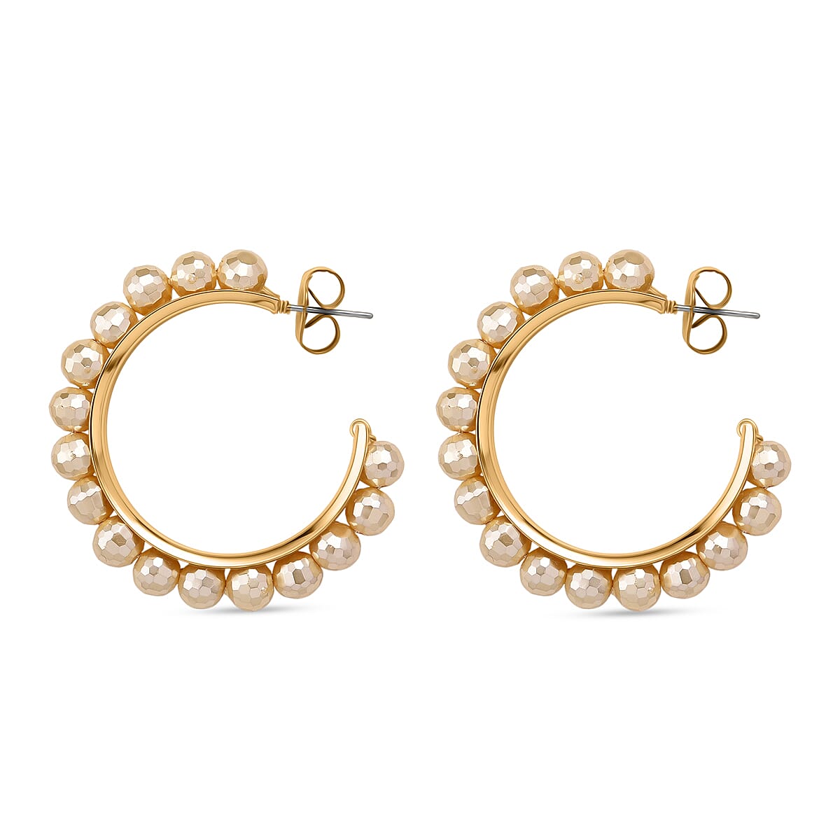  Faceted Golden Shell Pearl Hoop Earrings in Stainless Steel image number 3