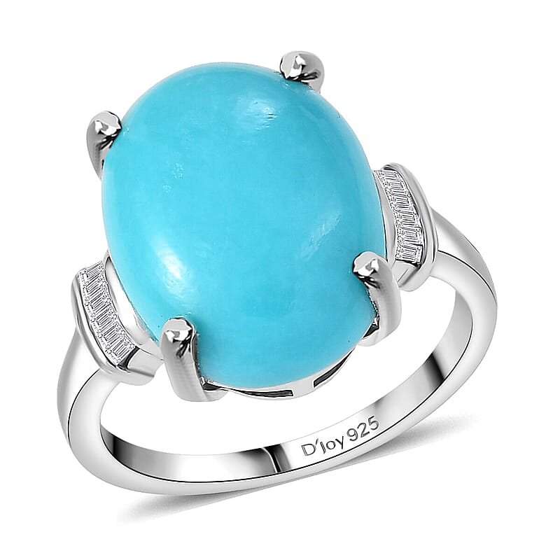 D'Joy Sleeping Beauty Turquoise, Diamond Ring in Rhodium Over Sterling Silver 7.20 ctw (Size 6.0)