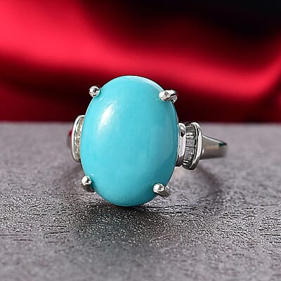 D'Joy Sleeping Beauty Turquoise, Diamond Ring in Rhodium Over Sterling Silver 7.20 ctw (Size 6.0)