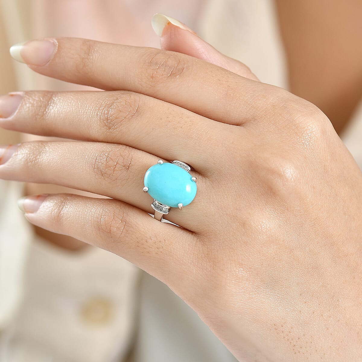 D'Joy Premium Sleeping Beauty Turquoise and Diamond 7.20 ctw Tiara Dream Ring in Rhodium Over Sterling Silver (Size 6.0) (Del. in 12-15 Days)  image number 2