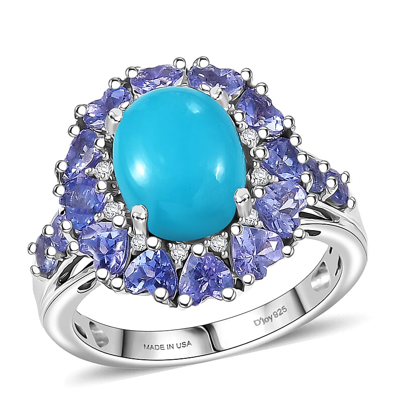 D'Joy Sleeping Beauty Turquoise, Multi Gemstone Ring in Rhodium Over Sterling Silver 4.85 ctw (Size 10.0)