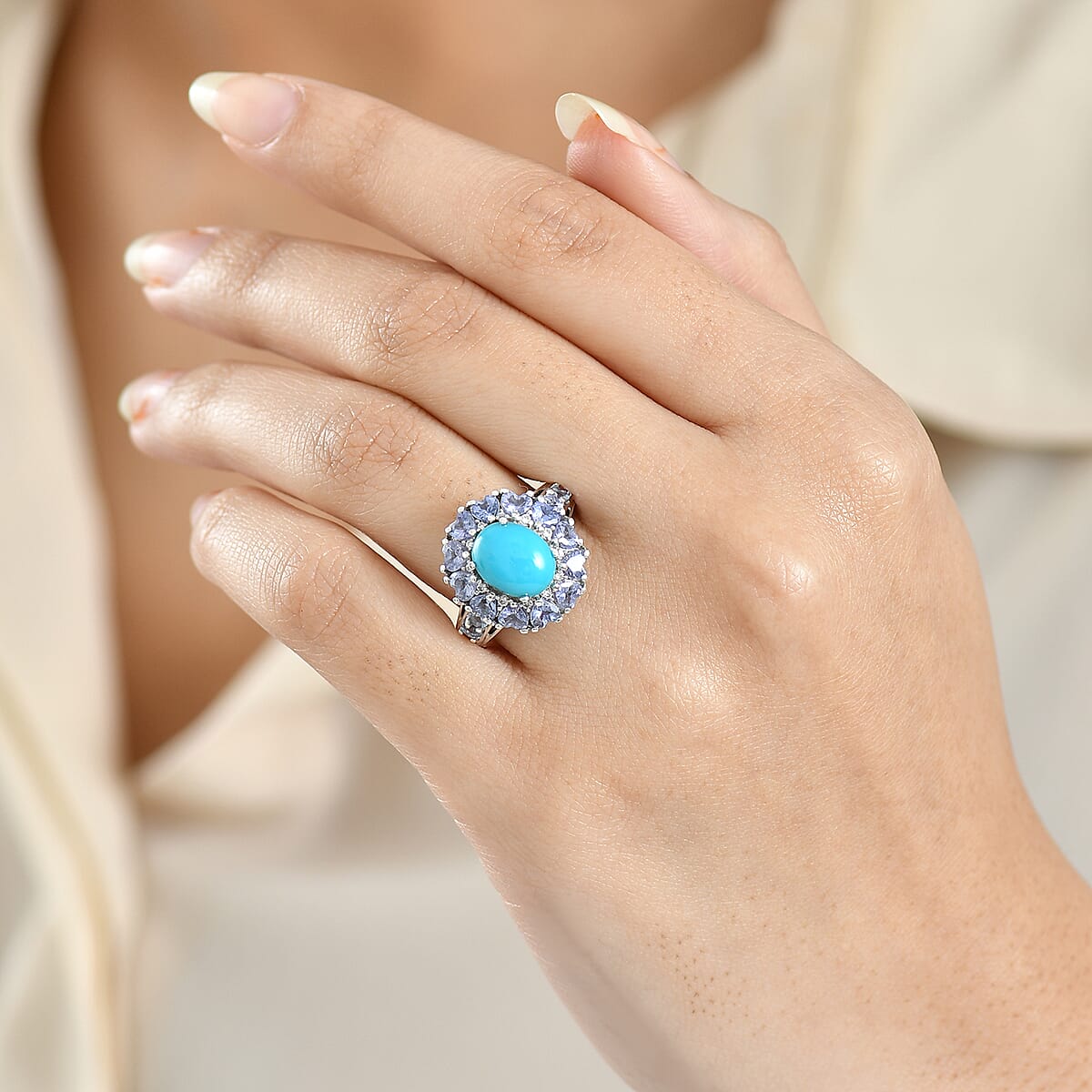 D'Joy Sleeping Beauty Turquoise and Multi Gemstone 4.85 ctw Royale Bloom Ring in Rhodium Over Sterling Silver (Size 10.0) image number 2