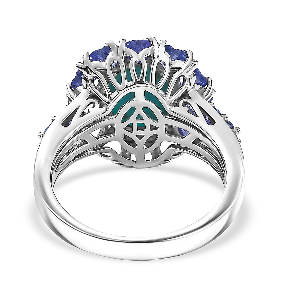 D'Joy Sleeping Beauty Turquoise and Multi Gemstone 4.85 ctw Royale Bloom Ring in Rhodium Over Sterling Silver (Size 10.0) image number 4