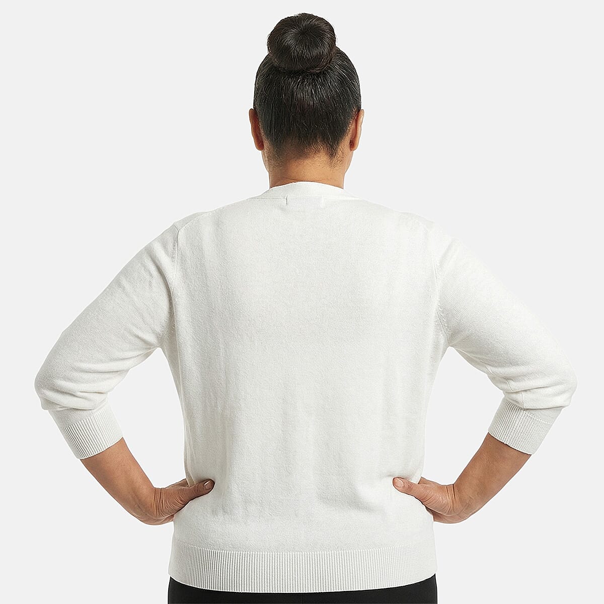 Tamsy White V-Neck Sweater with Buttons - S image number 2