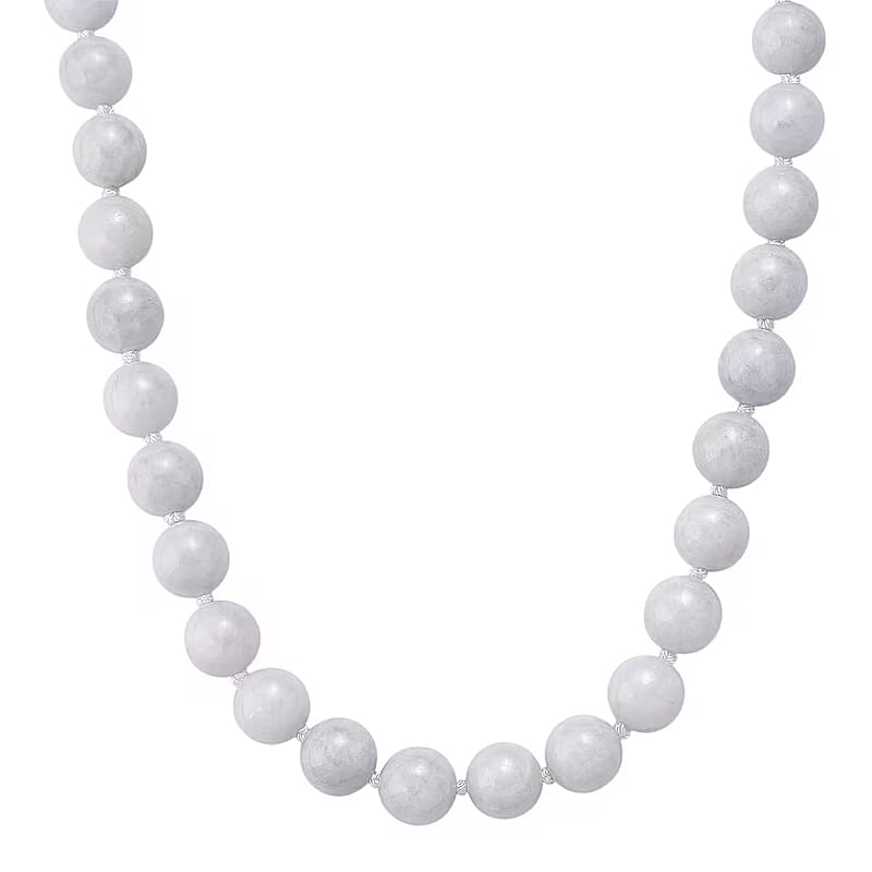 D'Joy Natural Jade 670.00 ctw Round Beaded Necklace in Rhodium Over Sterling Silver 20 Inches