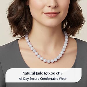 Doorbuster D'Joy Natural Jade 670.00 ctw Round Beaded Necklace in Rhodium Over Sterling Silver 20 Inches