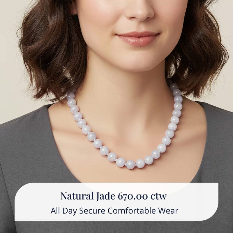 D'Joy Natural Jade 670.00 ctw Round Beaded Necklace in Rhodium Over Sterling Silver 20 Inches