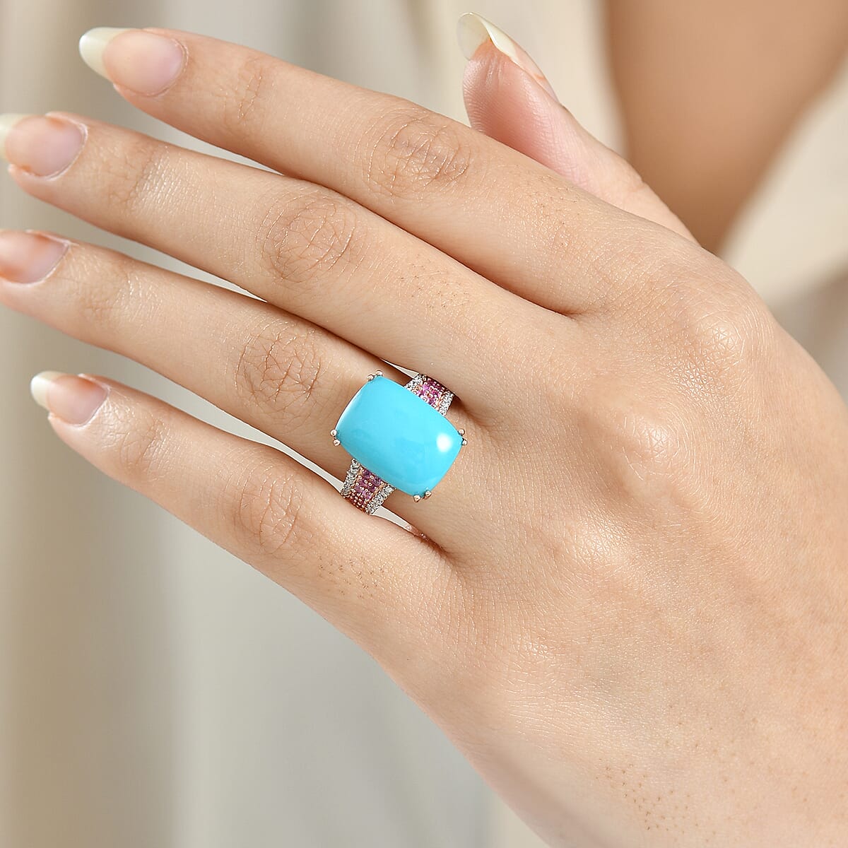 D'Joy Sleeping Beauty Turquoise and Multi Gemstone 8.00 ctw Blush Empress Ring in 18K Vermeil Rose Gold Over Sterling Silver (Size 6.0) image number 2