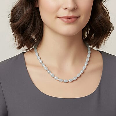 D'Joy Natural Jade 390.00 ctw Rice Beaded Necklace in Rhodium Over Sterling Silver 20 Inches