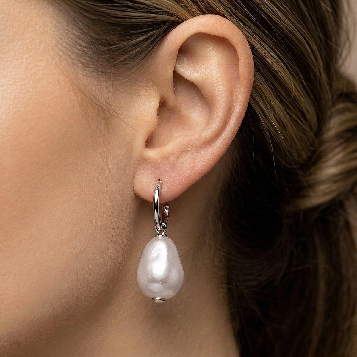 EverTrue White Shell Pearl Fancy Earrings in Silvertone and Stainless Steel image number 2