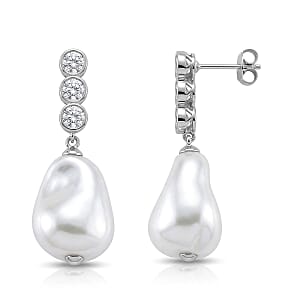 EverTrue White Shell Pearl and Simulated Diamond Fancy Earrings in Silvertone and Stainless Steel