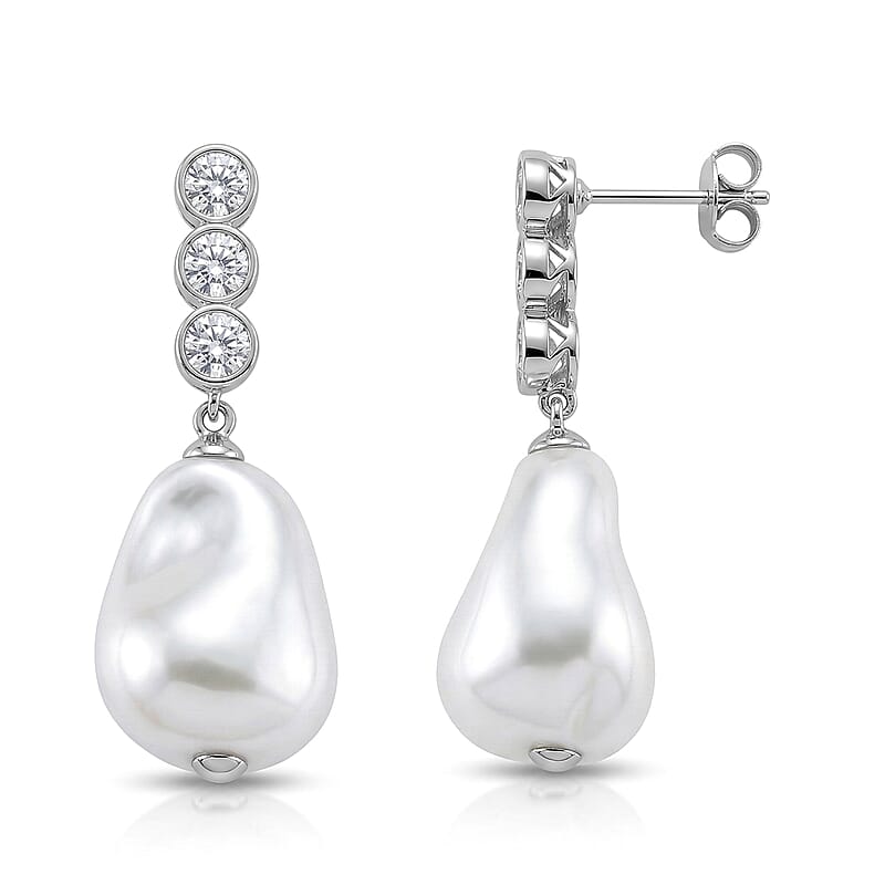 EverTrue White Shell Pearl and Simulated Diamond Fancy Earrings in Silvertone and Stainless Steel