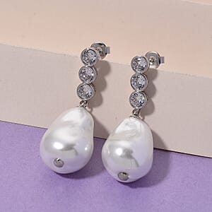EverTrue White Shell Pearl and Simulated Diamond Fancy Earrings in Silvertone and Stainless Steel