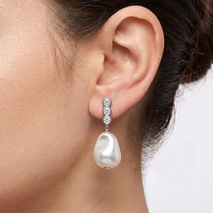 EverTrue White Shell Pearl and Simulated Diamond Fancy Earrings in Silvertone and Stainless Steel