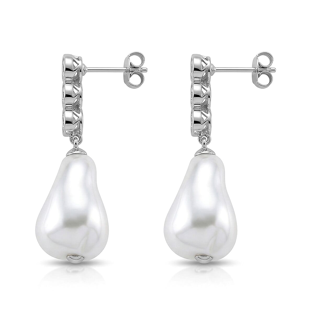 EverTrue White Shell Pearl and Simulated Diamond Fancy Earrings in Silvertone and Stainless Steel image number 3