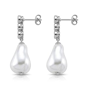 EverTrue White Shell Pearl and Simulated Diamond Fancy Earrings in Silvertone and Stainless Steel