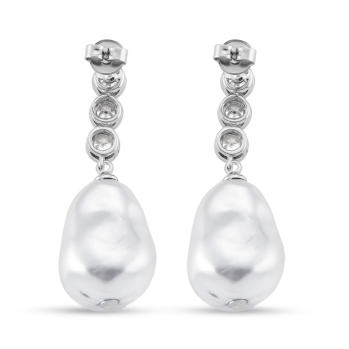 EverTrue White Shell Pearl and Simulated Diamond Fancy Earrings in Silvertone and Stainless Steel