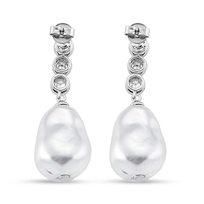 EverTrue White Shell Pearl and Simulated Diamond Fancy Earrings in Silvertone and Stainless Steel