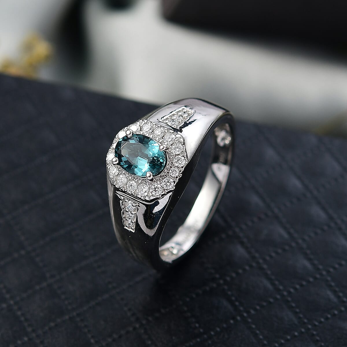 Doorbuster Rhapsody AAAA Lagoon Tourmaline and Diamond E-F VS 1.35 ctw The Sea Heart Men's Ring in 950 Platinum (Size 10.0) 9.10 Grams (Del. in 10-12 Days)  image number 1